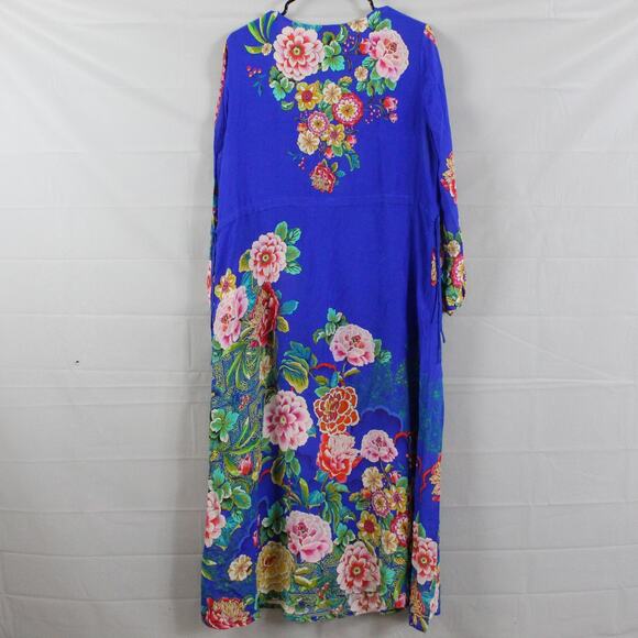 Johnny Was Dress Large Tiered Maxi Victoria Scarf Blue Silk Floral Boho Artsy - Picture 9 of 14